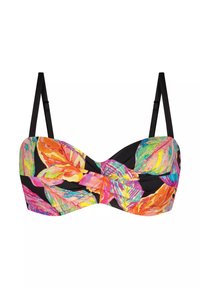 Kolorowy biustonosz bikini typu bandeau z liściastym wzorem w odcieniach różu, pomarańczu i zieleni na czarnym tle, z regulowanymi czarnymi ramiączkami.