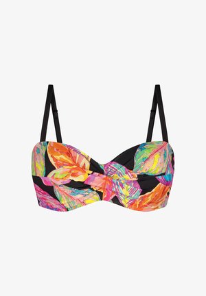Kolorowy biustonosz bikini typu bandeau z liściastym wzorem w odcieniach różu, pomarańczu i zieleni na czarnym tle, z regulowanymi czarnymi ramiączkami.