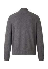 Grå langærmet strikket sweater med ribbede højkrave, manchetter og liv, vist fra bagsiden på en hvid baggrund.