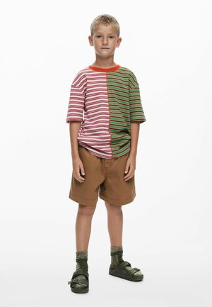 Ribade t-särk punaste, roheliste ja valgete ridadega, koos pruunide lühikesed pükste ja roheliste sandaalidega. Disainil on ümar kaelus ja lühikesed varrukad.