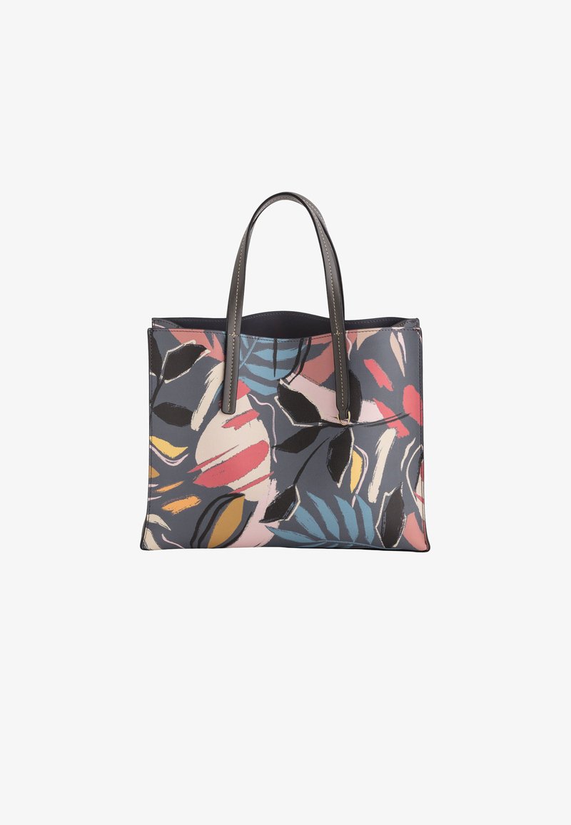 Canvas tote taske med et flerfarvet blomstermønster, grå håndtag og en struktureret rektangulær form med en solid sort bund.