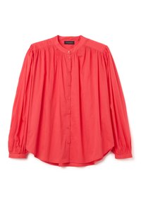 Camicia button-up corallo con scollatura tonda, maniche lunghe a sbuffo e una vestibilità leggermente rilassata. Realizzata in un tessuto morbido e leggero.