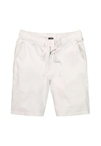Shorts blancs en matériau texturé, dotés d'une taille élastique, d'une fermeture à cordon de serrage et de deux poches latérales.