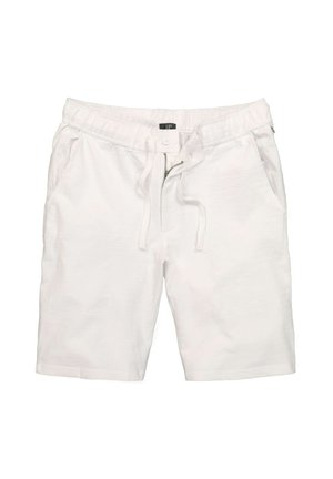 Pantaloni corti bianchi realizzati in materiale testurizzato, con vita elastica, chiusura con cordoncino e due tasche laterali.
