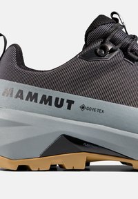 Gros plan sur une chaussure de randonnée Mammut noire et grise avec tissu Gore-Tex et semelle tannée équipée de la technologie Flextron pour une utilisation en plein air.