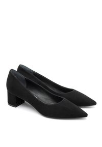 Scarpe décolleté nere in suede con tacco a blocco basso, punta affusolata e interno liscio. Caratterizzate da una silhouette semplice e classica.