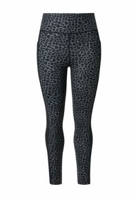Legginsy z wysokim stanem w czarno-szarym wzorze w panterkę, z eleganckim krojem oraz solidnymi czarnymi panelami bocznymi dla kontrastu.