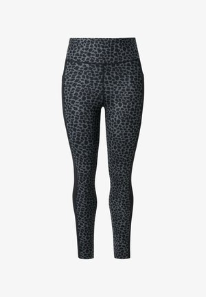 Højtaljede leggings i et sort og gråt leopardprint mønster, med et slankt design og ensfarvede sorte sidepaneler for kontrast.