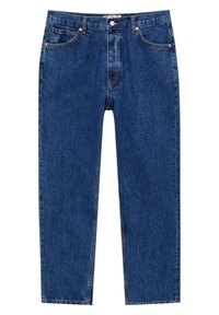 Jean denim bleu à coupe droite avec bouton et fermeture éclair à l'avant, cinq poches, et coutures orange.