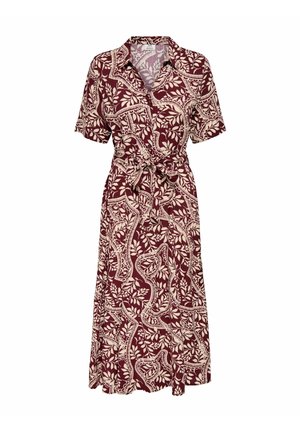 Midi haljina s kratkim rukavima, ovratnikom, vezom u struku i geometrijskim uzorkom lišća u bordo i bež boji.