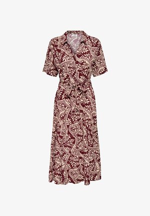 Rochie midi cu mâneci scurte, guler, cordon în talie și model geometric cu frunze burgund și bej.