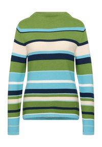 Gestreifter Pullover in Grün, Blau und Creme. Gerippte Textur, Rundhalsausschnitt, lange Ärmel. Auffälliges horizontales Streifenmuster.