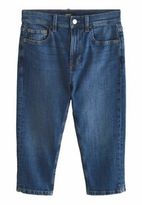 Jeans de mezclilla azul oscuro con corte recto, cinco bolsillos y cierre de botón. Presentan costuras sutiles y una textura ligeramente desgastada.