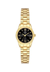 Zelta rokas pulkstenis ar melnu ciparnīcu, kurai ir teksturēta virsma, zelta stundu atzīmes un gluda zelta roka ar aizdari.