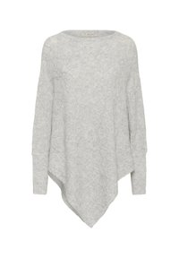 Világosszürke, oversized kötött pulóver hosszú ujjakkal, puha tapintással, csónaknyakú és aszimmetrikus aljú. Diszkrét ferde mintázattal rendelkezik.