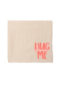 Beige cotton dish towel with a textured grid pattern. Features a large, coral-colored text graphic reading "HUG ME" in a heart shape.