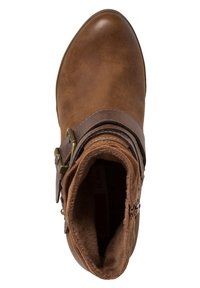 Bottine en simili cuir marron avec un bout rond, des straps superposés et un détail de boucle décoratif. Doublure intérieure douce.
