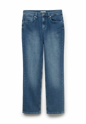 Jeans en denim bleu avec une coupe droite, dotés de cinq poches, d'une fermeture à bouton et de coutures contrastantes.