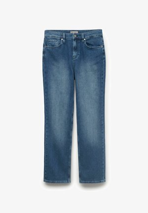 Jeans en denim bleu avec une coupe droite, dotés de cinq poches, d'une fermeture à bouton et de coutures contrastantes.