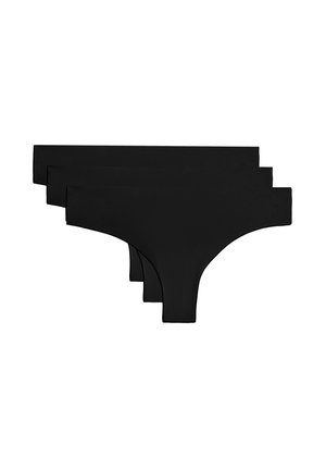 Schwarzes nahtloses Spitzenunterwäsche-Set, das aus glattem Stoff, einem minimalistischen Design und einem niedrigen Schnitt besteht. Drei Teile sind ausgestellt.