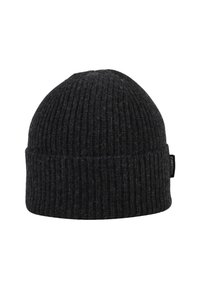 Cappello beanie lavorato a maglia in lana grigia scura con righe verticali e bordo ripiegato. Presenta un piccolo etichetta del marchio sul lato.
