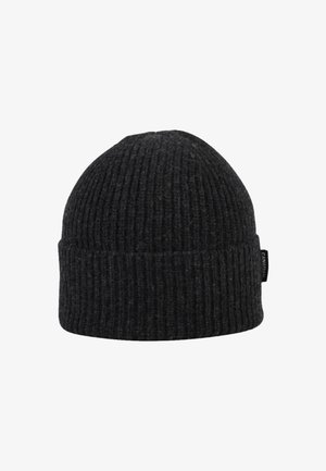Strikket beanie-hat i mørkegrå uld med lodret ribbede detaljer og en foldet manchet. Har et lille mærke på siden.