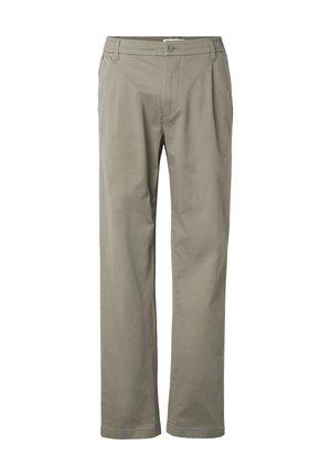 Pantalon beige à jambe droite avec fermeture avant par bouton et fermeture éclair, passants pour ceinture, et coupe décontractée.