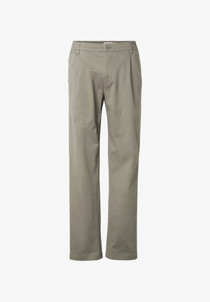 Pantalon beige à jambe droite avec fermeture avant par bouton et fermeture éclair, passants pour ceinture, et coupe décontractée.