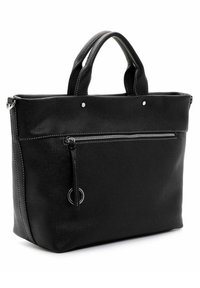 Black textured leather tote bag with double handles, front zip pocket, and silver hardware accents. Rectangular shape with a smooth finish.