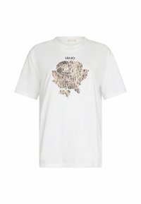 T-shirt bianca in cotone con maniche corte, caratterizzata da un design di una rosa in stampa animalier beige e marrone, accompagnata dal logo "Liu Jo" sopra.