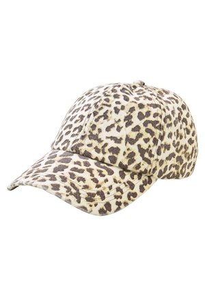 Casquette de baseball avec un motif léopard beige et brun foncé, visière incurvée et panneaux cousus.