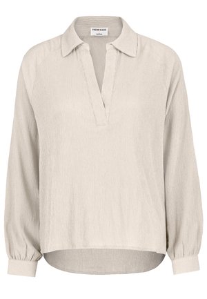 Beige Langarmshirt mit Kragen und halber Knopfleiste. Strukturierter Stoff mit gerafften Ärmeln und leicht abgerundetem Saum.