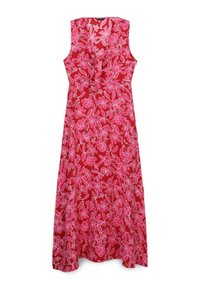 Red floral maxi dress with a V-neck, sleeveless design, and tie detail at the waist. Features pink flower patterns on soft fabric.