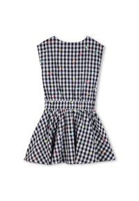 Μαύρο και άσπρο φόρεμα gingham με στενή κορυφή, φαρδιά φούστα και πολύχρωμα σχέδια καρδιών σε όλο το ύφασμα. Λείο βαμβακερό υλικό.