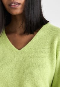 Femme aux cheveux noirs et raides porte un pull en maille vert clair à col en V sur fond blanc.