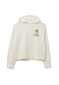 Crèmekleurige hoodie met een cropped ontwerp. Bevat een afgedrukte golden retriever en de tekst "COOL CLUB" in bruin. Zachte stof.