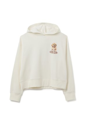 Sudadera con capucha de color crema con un diseño cropped. Presenta un estampado de un golden retriever y el texto "COOL CLUB" en marrón. Textura de tela suave.