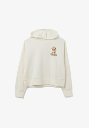Sweatshirt à capuche crème avec un design cropped. Il présente un golden retriever imprimé et le texte "COOL CLUB" en marron. Texture de tissu douce.