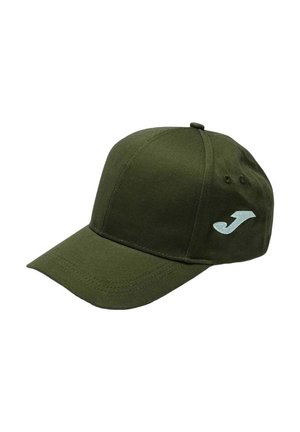 Cappellino da baseball verde scuro con visiera curva e piccolo logo bianco sul lato, con pannelli cuciti e occhielli di ventilazione.