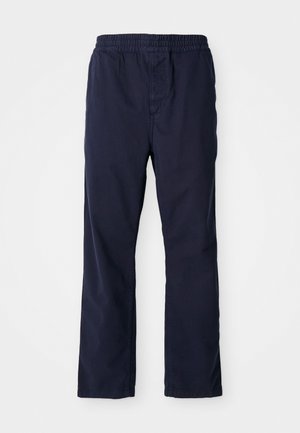 Navy blue cotton pants with an elastic waistband, straight leg design, and subtle stitching details. Smooth texture, no visible pockets.