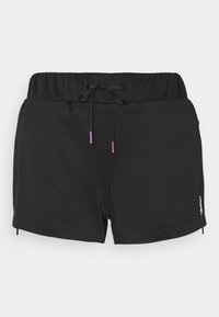 Svarta badshorts med dragsnöre i midjan, med lila spetsar, sidoflikar och en liten logotyp på nedersta högra hörnet. Slät yta.