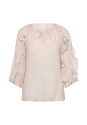 Svetloružová kvetinová blúzka s volánovými rukávmi do trištvrte a viazaným výstrihom vpredu, s menovkou „CREAM“ vo vnútri goliera.