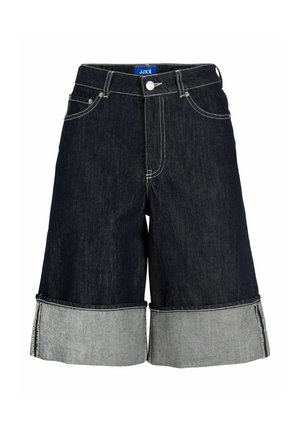 Shorts en denim bleu foncé avec larges revers rabattus montrant un tissu plus clair à l'intérieur, poches avant, bouton et passants de ceinture visibles.
