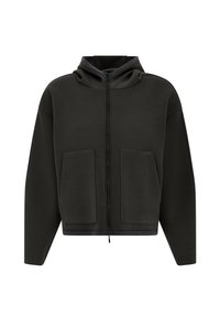 Felpa zip-up verde scuro con cappuccio aderente, ampie tasche frontali e tessuto testurizzato. Presenta un design cropped e una vestibilità rilassata.
