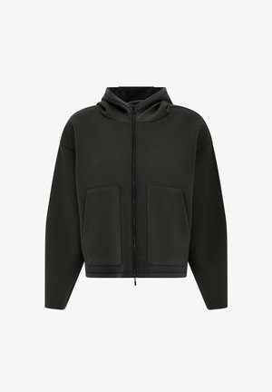 Dark green zip-up hoodie with a fitted hood, large front pockets, and textured fabric. Features a cropped design and relaxed fit.