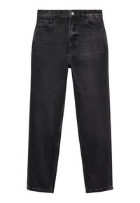 Jeans noirs taille haute, taille droite, avec fermeture par bouton et fermeture éclair, passants pour ceinture, poches avant et arrière sur fond blanc.
