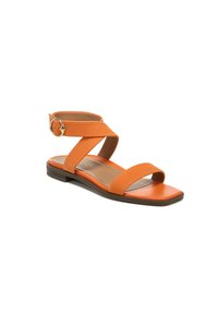 Orange leather sandal with a textured ankle strap, adjustable buckle, two wide toe straps, and a flat, dark brown sole.