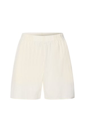 Kremfarvede, løstsiddende shorts med elastisk talje og diskret vertikal tekstur, vist på hvid baggrund.