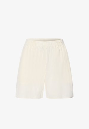 Kremfarvede, løstsiddende shorts med elastisk talje og diskret vertikal tekstur, vist på hvid baggrund.