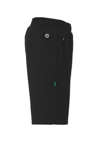 Zwarte sportshorts gemaakt van zachte stof. Voorzien van een elastische tailleband, een zijzak met rits en een klein logo aan de voorkant.